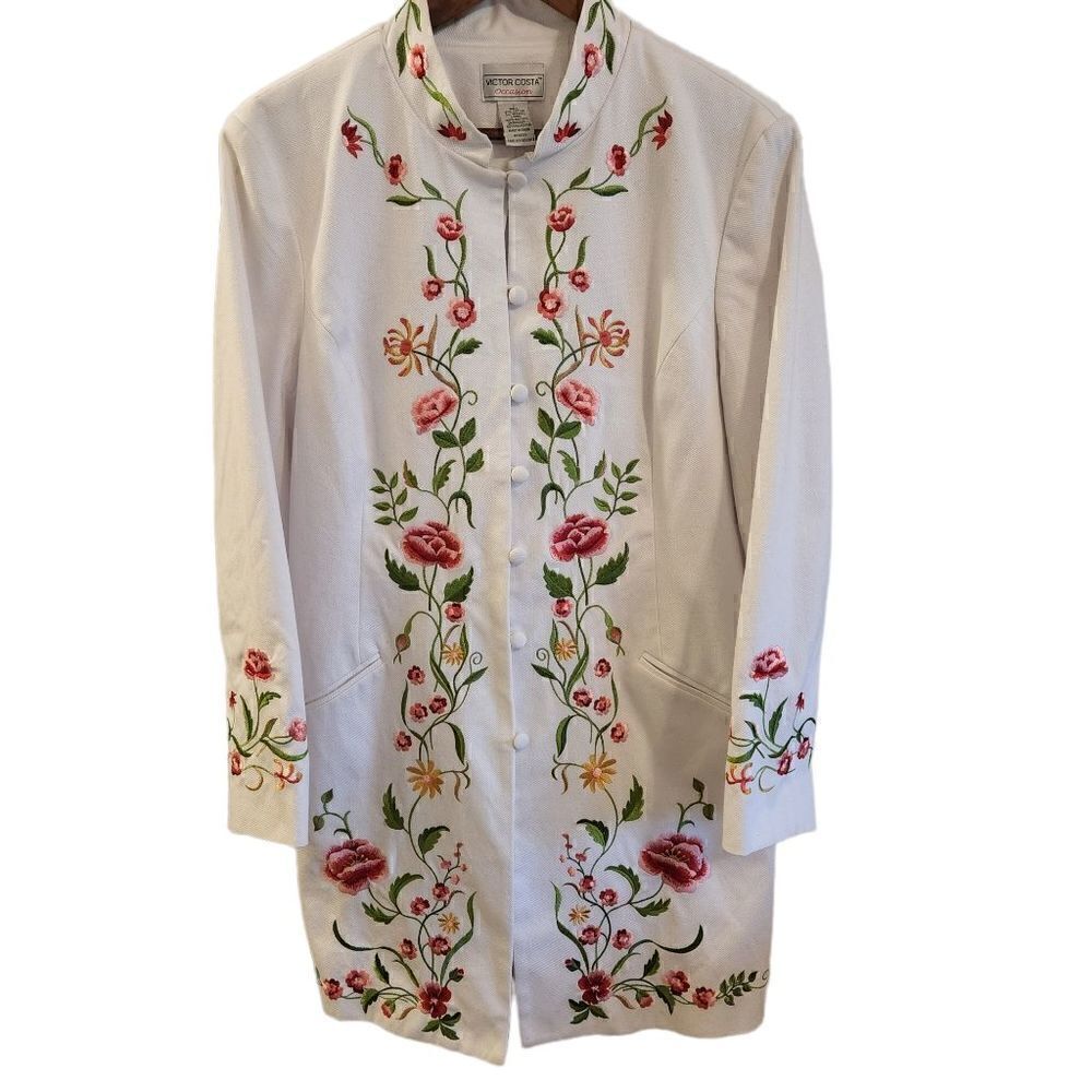 VINTAGE Victor Costa White Embroidered Duster Long Asian Floral Garden Printed J